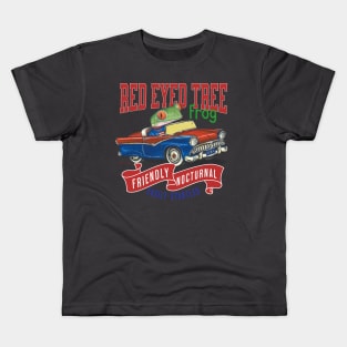 Funny and Cute Red Eye Tree Frog driving a classic vintage retro car with red white and blue banners tee Kids T-Shirt